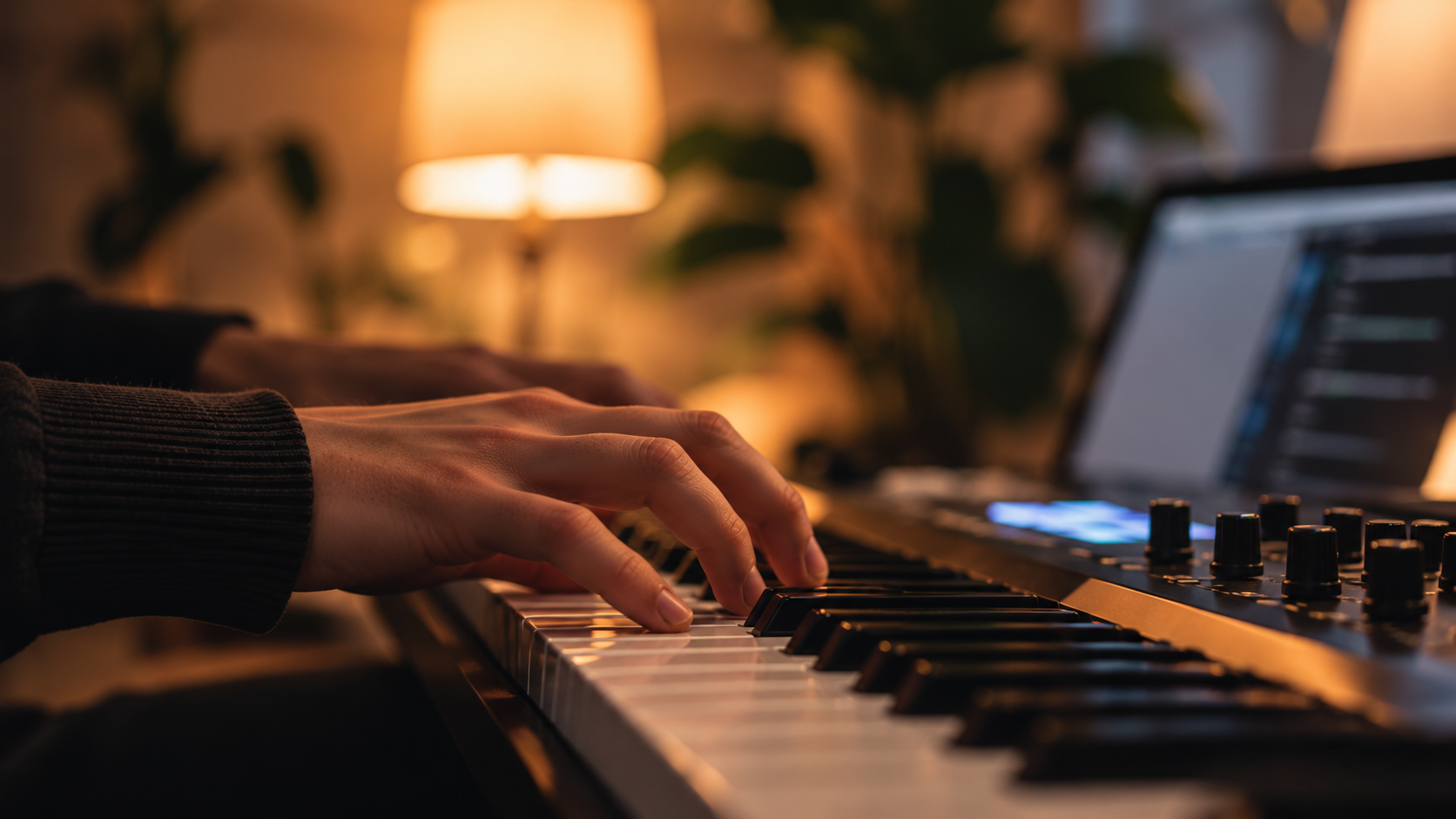 Hands playing a keyboard in a warmly lit room