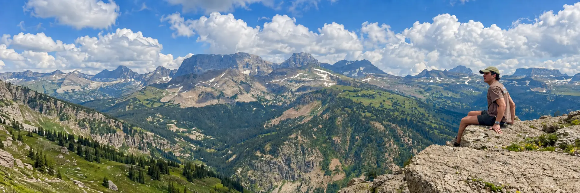 Matthew Vargas sitting on a rocky ledge looking out over a wide mountain valley