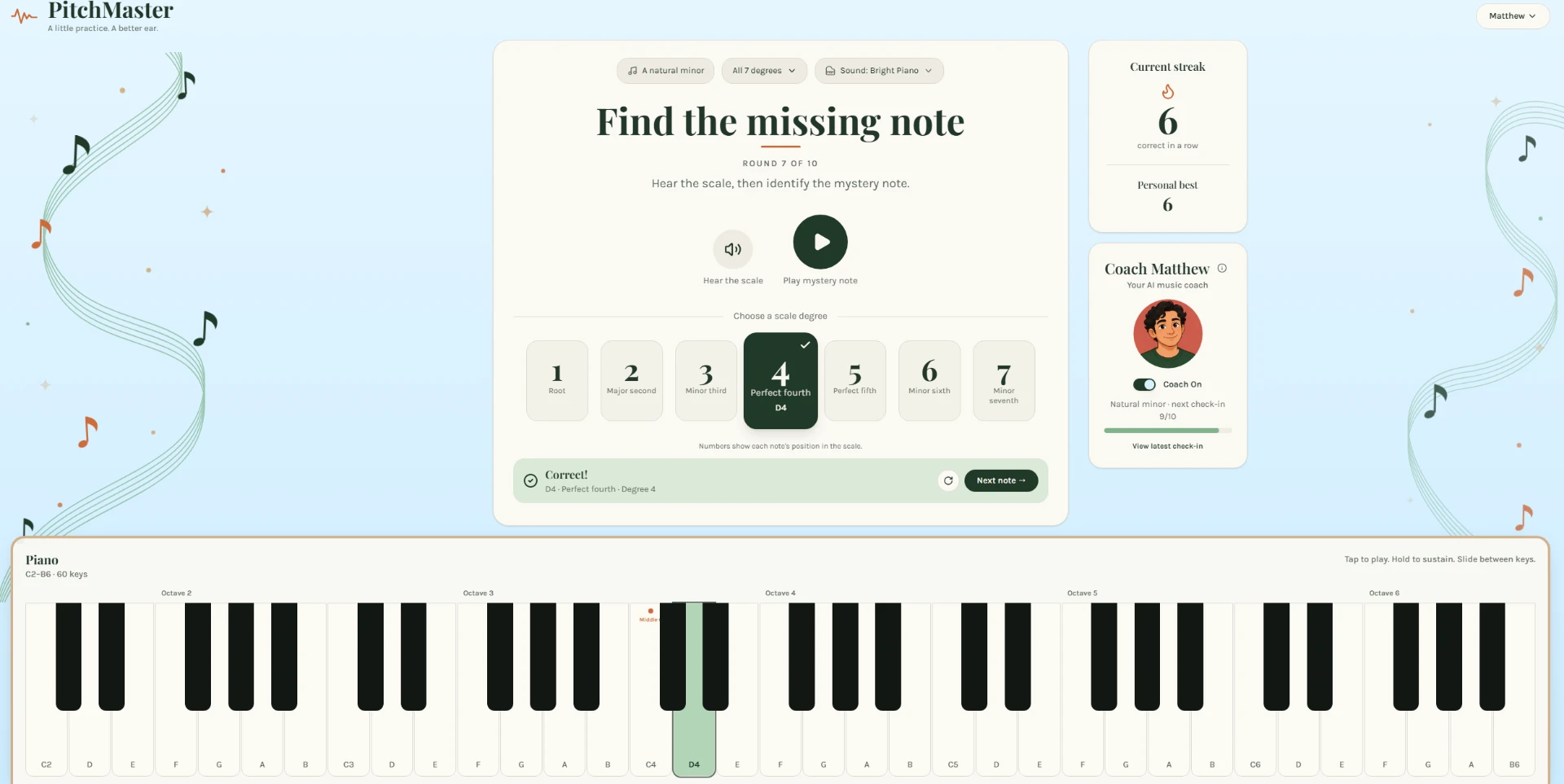 PitchMaster practice screen with the Find the missing note exercise, current streak, Coach Matthew panel, and full piano keyboard